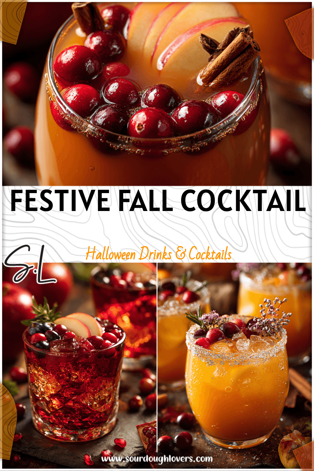 Glass of fall winter cocktail with apple cider and berries styled as festive Halloween drink idea 2